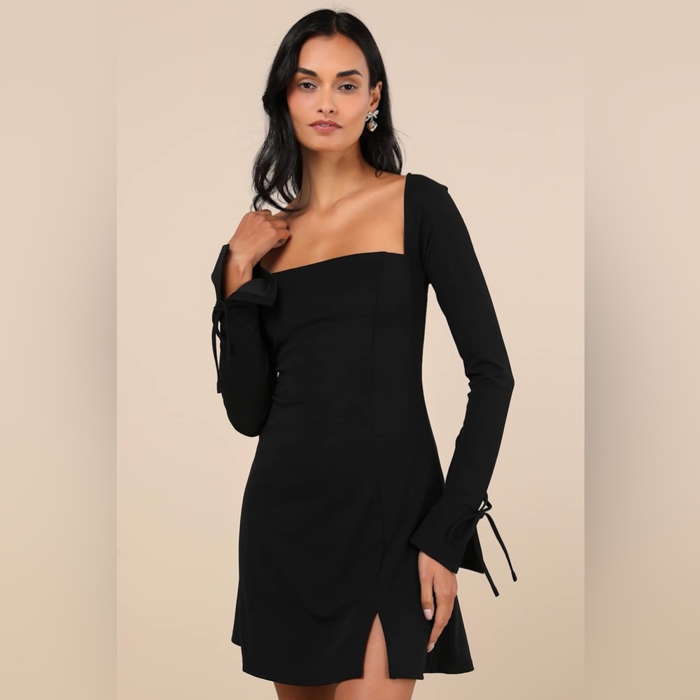 Lulus Adored Treatment Black Long Sleeve Mini Dress - Square Neck - S